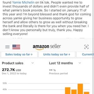 May include: Screenshot of an Amazon Seller account dashboard. The image shows a sales graph with product sales of 272.7K USD from December 1, 2022, to today. The text "Amazon Seller Secrets, Learn How To Make $10,000 A Month" is visible.