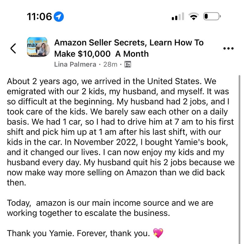 May include: Screenshot of a social media post titled "Amazon Seller Secrets, Learn How To Make $10,000 A Month." The post details a seller's journey, highlighting the impact of selling on Amazon. The text includes a thank you message.