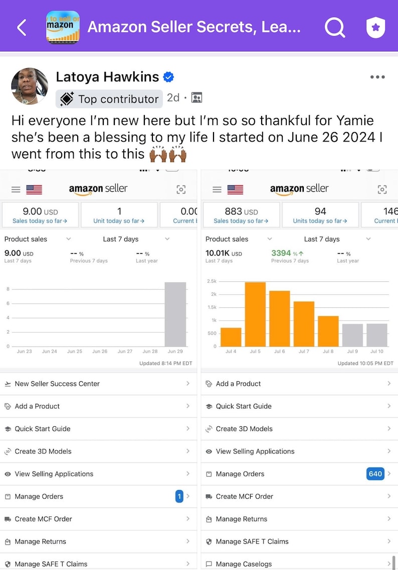 May include: Screenshot of an Amazon seller's performance, showing sales data and graphs. The image includes text, charts, and user interface elements related to sales metrics and business analytics.