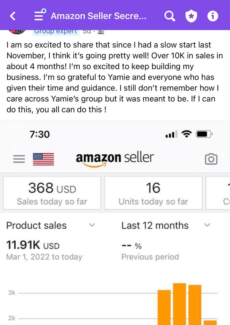 May include: Screenshot of an Amazon Seller dashboard displaying sales data. The image shows "368 USD" in sales today, and "16 Units today so far." The text includes a message about sales and building a business.