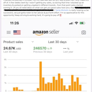 May include: Screenshot of an Amazon Seller dashboard displaying product sales data. The graph shows sales trends over the last 30 days, with a peak around November 24th. The total product sales are 24.67K USD, with a 246570% increase.