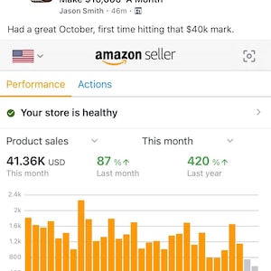 May include: Screenshot of an Amazon Seller account dashboard. The image displays product sales data, including a graph showing sales trends over the month of October. The text indicates a healthy store performance.