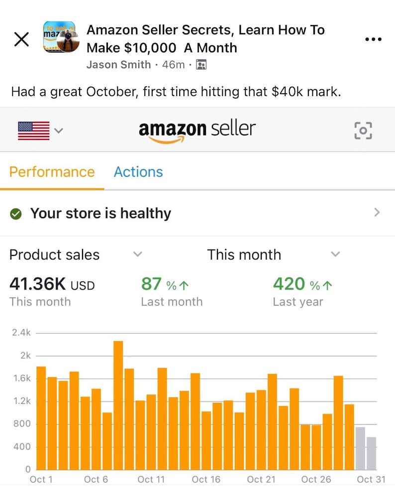 May include: Screenshot of an Amazon Seller account dashboard. The image displays product sales data, including a graph showing sales trends over the month of October. The text indicates a healthy store performance.