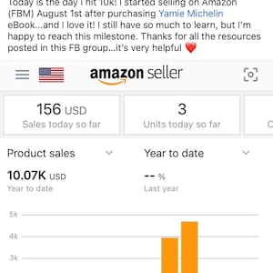 May include: Screenshot of an Amazon seller's post celebrating reaching $10,000 in sales. The image includes a bar graph showing sales trends, with text indicating sales figures and units sold.