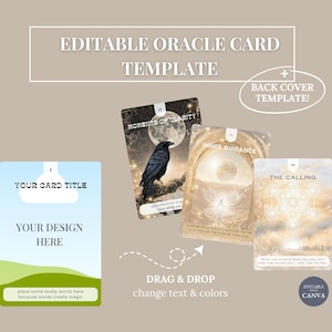 Könnte beinhalten: Eine editierbare Orakelkarten-Vorlage mit dem Text "EDITABLE ORACLE CARD TEMPLATE". Das Design umfasst Beispielkarten mit Illustrationen eines Raben, einer Himmelszene und eines geometrischen Musters. Die Vorlage ermöglicht es, Text und Farben per Drag & Drop zu ändern.