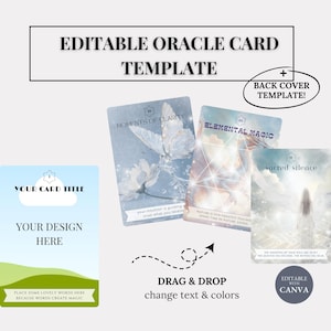 Könnte beinhalten: Eine editierbare Orakelkarten-Vorlage mit dem Text "EDITABLE ORACLE CARD TEMPLATE" oben. Das Bild enthält Beispielkarten mit den Phrasen "MOMENTS OF CLARITY", "ELEMENTAL MAGIC" und "SACRED SILENCE". Die Vorlage ist mit Canva anpassbar.