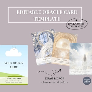May include: An editable oracle card template on a pale purple background. The design features sample cards with images of a Buddha, a peacock, and ethereal scenes. Text includes "Your Design Here" and "Drag & Drop".