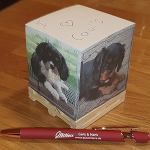Pode incluir: Um expositor de fotos em forma de cubo com imagens de um Cavalier King Charles Spaniel. A parte superior do cubo tem o texto manuscrito que diz "I ❤️ Cavis". Uma caneta vermelha com detalhes em ouro rosa e o texto "Glöcklers" está em primeiro plano.