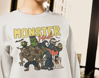 Retro Monster Mash Sweatshirt, Vintage Halloween Ghost Hoodie, Frankenstein Fall Jumper, Happy Cartoon Comic Top, Mummy Zombie Pullover