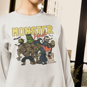 Retro Monster Mash Sweatshirt, Vintage Halloween Ghost Hoodie, Frankenstein Fall Jumper, Happy Cartoon Comic Top, Mummy Zombie Pullover