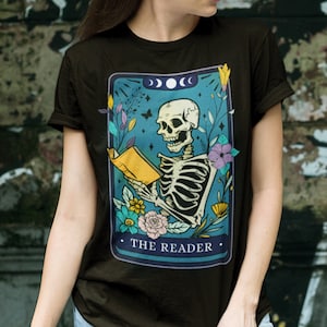 The Reader Tarot Card T-Shirt, Halloween Literature Skeleton Tee, Book Lover Librarian Gift, Bookish Fortune Teller Shirt, Spooky Skull Top