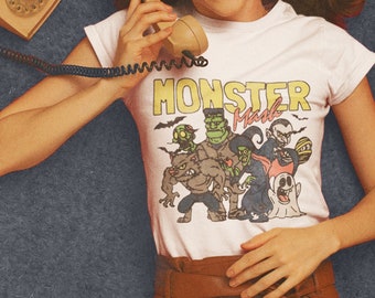 Retro Monster Mash T-Shirt, Vintage Halloween Ghost Tee, Frankenstein Fall Shirt, Happy Cartoon Comic Top, Mummy Zombie Werewolf Tshirt