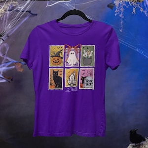 Halloween Ghost Cat Pumpkin Tee, Retro Spooky Fall Shirt, Unisex Trick-Treat Costume, Postage Stamps Tshirt, Hocus Pocus, Personalizable Tee Purple