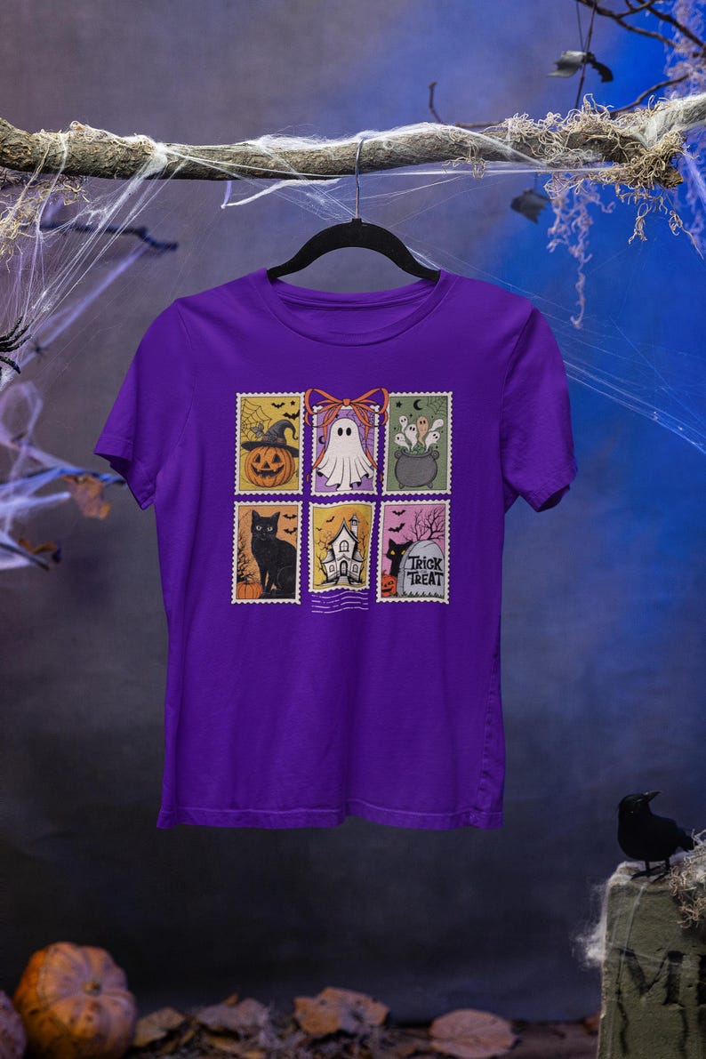 Halloween Ghost Cat Pumpkin Tee, Retro Spooky Fall Shirt, Unisex Trick-Treat Costume, Postage Stamps Tshirt, Hocus Pocus, Personalizable Tee Purple
