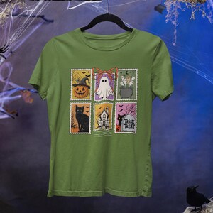 Halloween Ghost Cat Pumpkin Tee, Retro Spooky Fall Shirt, Unisex Trick-Treat Costume, Postage Stamps Tshirt, Hocus Pocus, Personalizable Tee Military Green