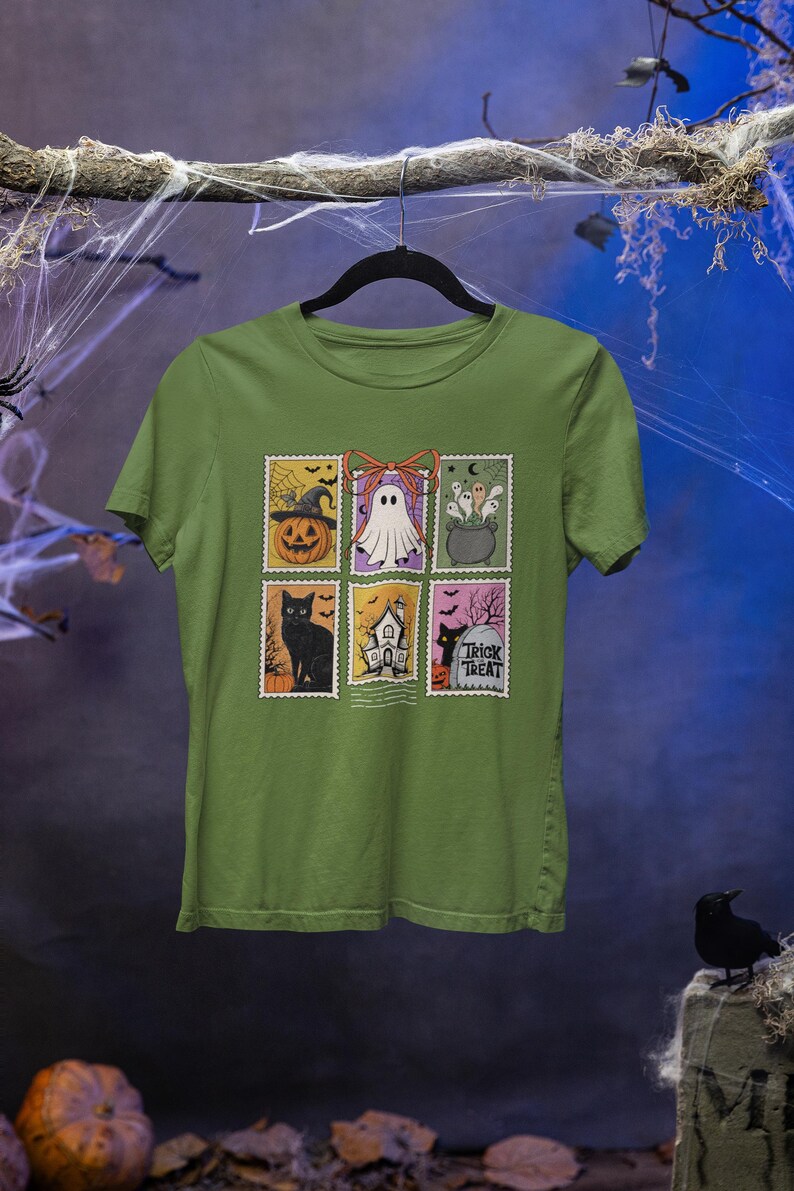 Halloween Ghost Cat Pumpkin Tee, Retro Spooky Fall Shirt, Unisex Trick-Treat Costume, Postage Stamps Tshirt, Hocus Pocus, Personalizable Tee Military Green