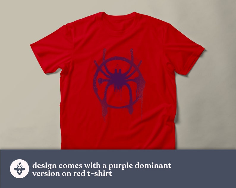 May include: A red t-shirt with a purple spider-man symbol printed on the front.