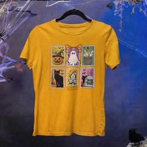 Halloween Ghost Cat Pumpkin Tee, Retro Spooky Fall Shirt, Unisex Trick-Treat Costume, Postage Stamps Tshirt, Hocus Pocus, Personalizable Tee Orange