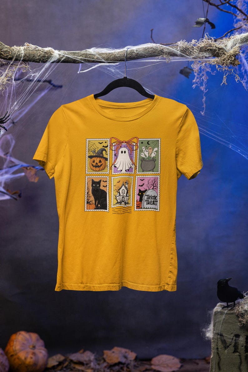 Halloween Ghost Cat Pumpkin Tee, Retro Spooky Fall Shirt, Unisex Trick-Treat Costume, Postage Stamps Tshirt, Hocus Pocus, Personalizable Tee Orange