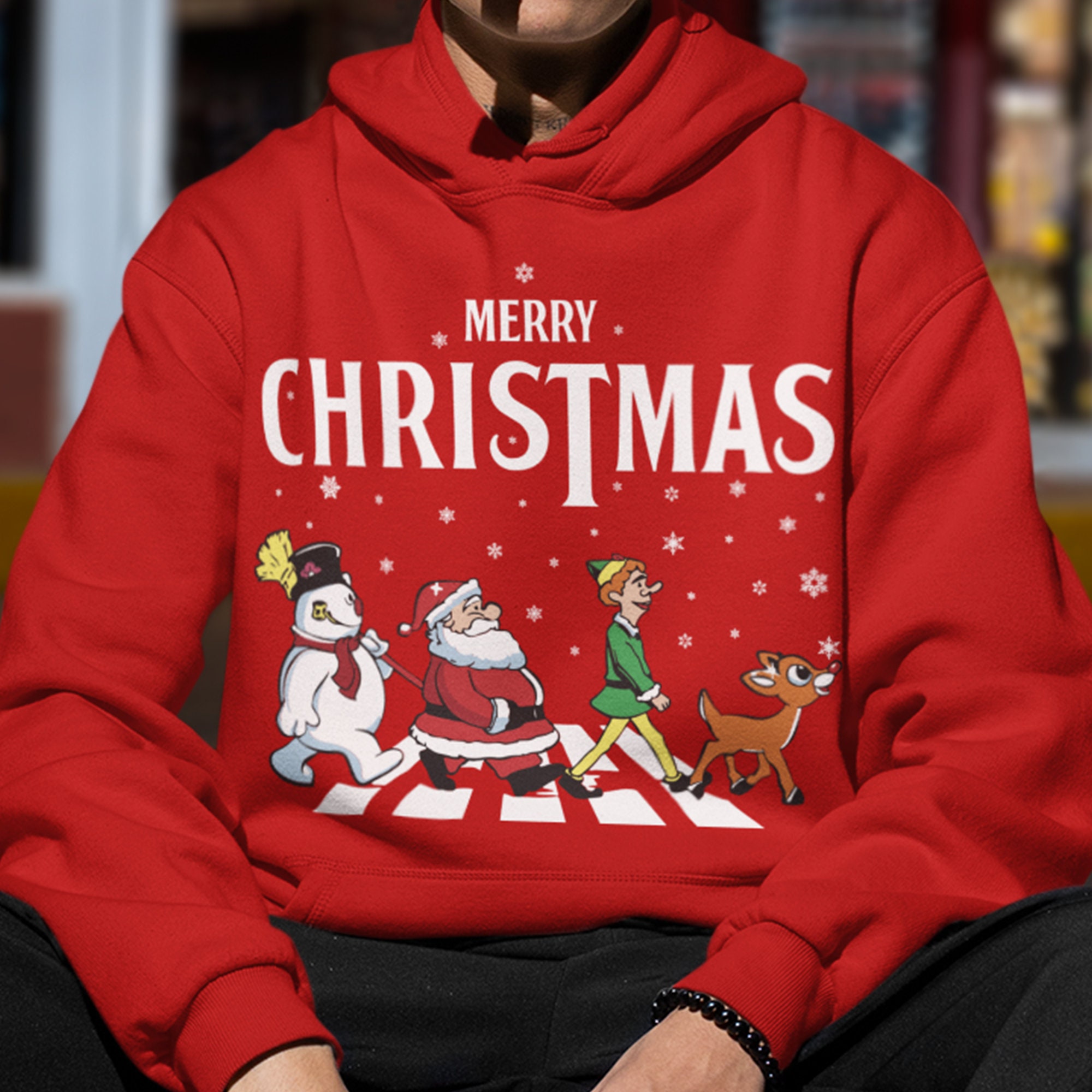 Elf Santa and Snowman Road Hoodie, Christmas Gift, Christmas Family,  Christmas Abbey Road Sweatshirt, Holiday Hoodie, Baby Rudolph Tshirt 