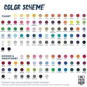 May include: Color chart showing a variety of colors for t-shirts and hoodies. The chart includes color names like Garnet, Electric Green, Coral Silk, and Heather Sport.