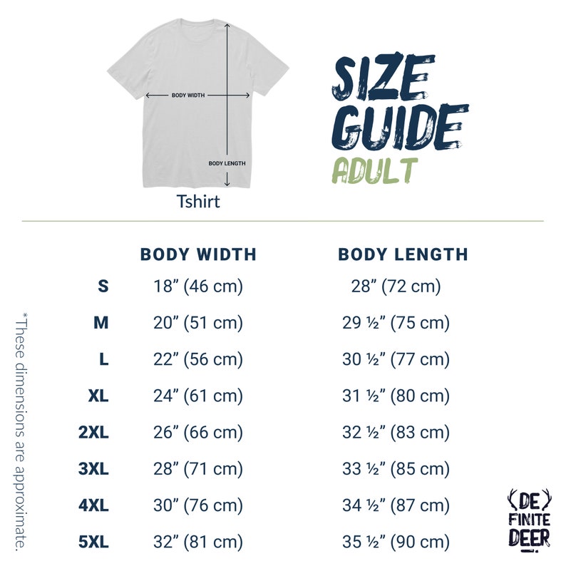 May include: Size chart for adult t-shirts with measurements in inches and centimeters. The chart shows the body width and body length for sizes S, M, L, XL, 2XL, 3XL, 4XL, and 5XL.
