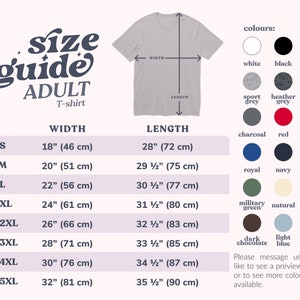 May include: Size guide for adult t-shirts with width and length measurements in inches and centimeters. The chart shows sizes from S to 5XL.  The image also shows a gray t-shirt and a color chart with 12 different colors.