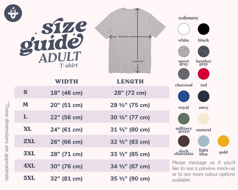 May include: Size guide for adult t-shirts with width and length measurements in inches and centimeters. The chart shows sizes from S to 5XL.  The image also shows a gray t-shirt and a color chart with 12 different colors.