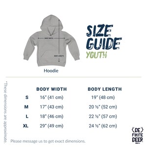 May include: Size chart for youth hoodies, showing body width and length measurements in inches and centimeters. Sizes range from S to XL.