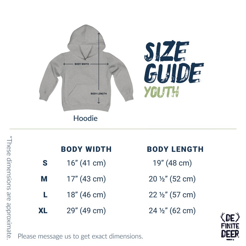 May include: Size chart for youth hoodies, showing body width and length measurements in inches and centimeters. Sizes range from S to XL.