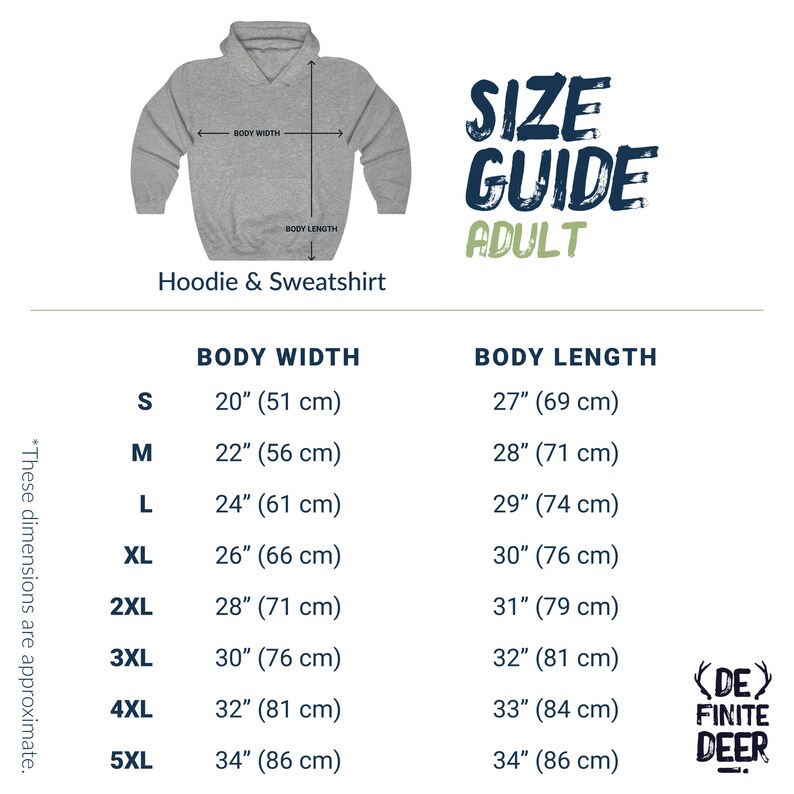 May include: Size chart for adult hoodies and sweatshirts. The chart shows the body width and length in inches and centimeters for sizes S through 5XL.