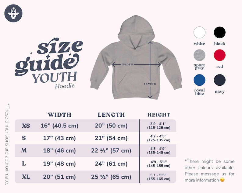 Puede incluir: Gu&iacute;a de tallas para sudaderas con capucha para j&oacute;venes en tallas XS, S, M, L y XL. La tabla muestra las medidas de ancho, largo y alto en pulgadas y cent&iacute;metros. La sudadera con capucha se muestra en gris con un cord&oacute;n blanco.