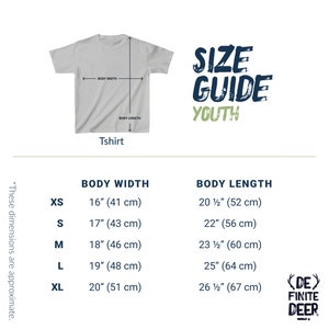 May include: Size chart for youth t-shirts with measurements in inches and centimeters. The chart shows body width and body length for sizes XS, S, M, L, and XL.