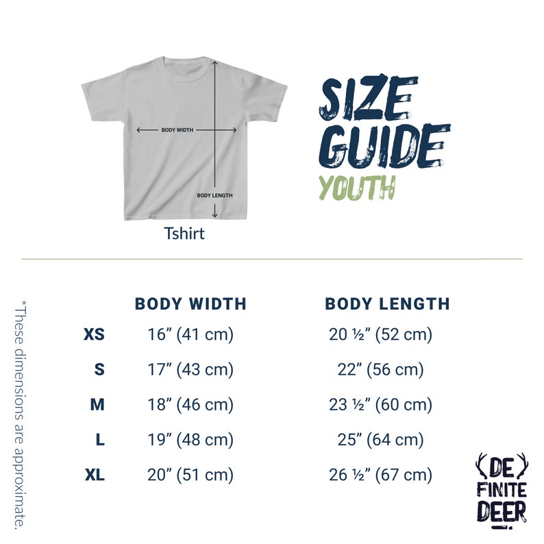May include: Size chart for youth t-shirts with measurements in inches and centimeters. The chart shows body width and body length for sizes XS, S, M, L, and XL.