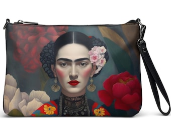 Frida Kahlo inspired women's Crossbody bag, 11" x8" Zip top handbag,  unique print, stylish crossbody clutch,  Frida 2