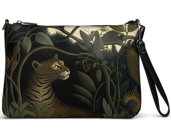 Henri Rousseau Leopard women's Crossbody bag, 11" x8" Zip top handbag,  unique print, stylish crossbody clutch,  Leopard 2