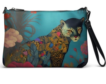 Colorful unique Flower Leopard women's Crossbody bag, 11" x8" Zip top handbag,  unique print, stylish crossbody clutch,  Leopard 1