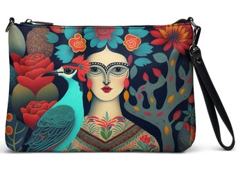 Frida Kahlo inspired blue-bird women's Crossbody bag, 11" x8" Zip top handbag,  unique print, stylish crossbody clutch,  Frida bird