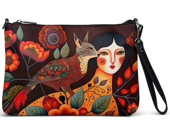 Mexican bird girl women's Crossbody bag, 11" x8" zip top handbag, unique print, stylish crossbody clutch Mexican folk art print