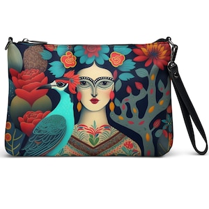 Frida Kahlo inspired blue-bird women's Crossbody bag, 11 x8 Zip top handbag, unique print, stylish crossbody clutch, Frida bird image 1