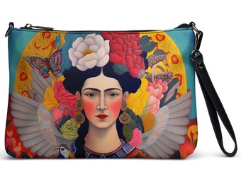 Angelic Frida Kahlo inspired women's Crossbody bag, 11" x8" Zip top handbag, unique print, stylish crossbody clutch, Frida 3