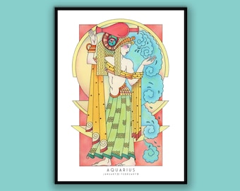 May include: A watercolor illustration of the astrological sign Aquarius, depicted as a woman pouring water from a pitcher. The woman is wearing a yellow and green dress with a red headpiece. The background is a red, yellow, and blue watercolor wash.