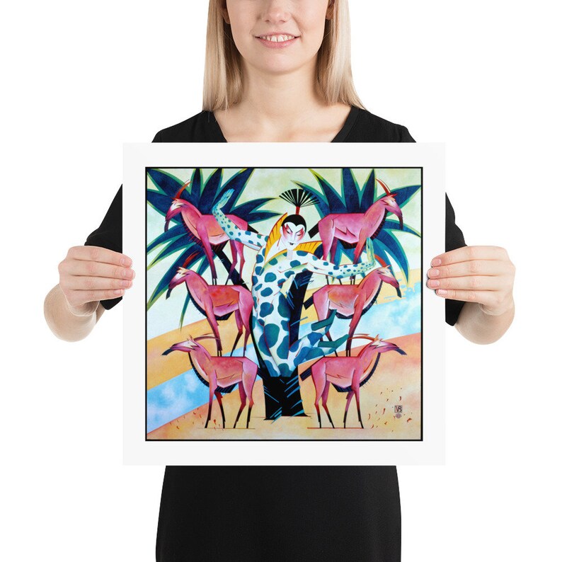 May include: A colorful art print featuring a stylized figure with a spotted pattern, standing on a tree trunk surrounded by pink antelopes. The background is a vibrant yellow with blue and green accents.