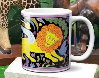 Leo Mug, Wild Zodiac coffee mug, unique hand drawn birthday gift, horoscope, astrology,  Star sign, Leo gift