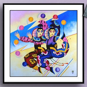 Gemini Jugglers Art Deco Circus Zodiac Print, Gemini wall art, Zodiac poster, unique birthday gift,Gemini gifts art decor image 1