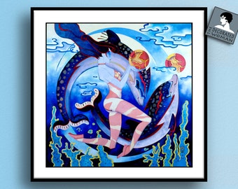 Pisces Aqua Dancer Art Deco Circus Zodiac Print, Pisces wall art, Zodiac poster, unique birthday gift,Pisces gifts art decor