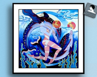 Stampa Art Déco Circo Zodiacale con ballerina acquamarina dei Pesci, arte murale dei Pesci, poster dello zodiaco, regalo di compleanno unico, regali e decorazioni artistiche dei Pesci