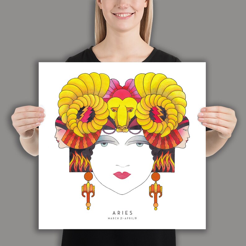 Art Deco Aries Poster, Aries wall art ,Zodiac print, unique hand drawn, birthday gift, 20s, horoscope, astrology, Star sign, Aries gifts 18×18 inches