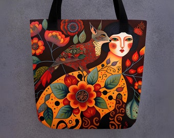 Unique &quot;Bird Woman&quot; Tote Bag  | All-over print | Stylish Vintage-Inspired Design | 15&quot;x15&quot;  |  Reusable Tote | Black interior