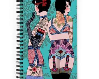 Decorated Women Twins 01 Unique Retro lingerie tattoo notebook, art deco journal, tattoo notebook, lingerie print, Tattoo journal